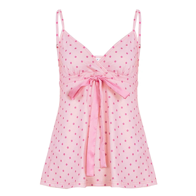 Polka Dot Bow Lace-Up Camisole Top