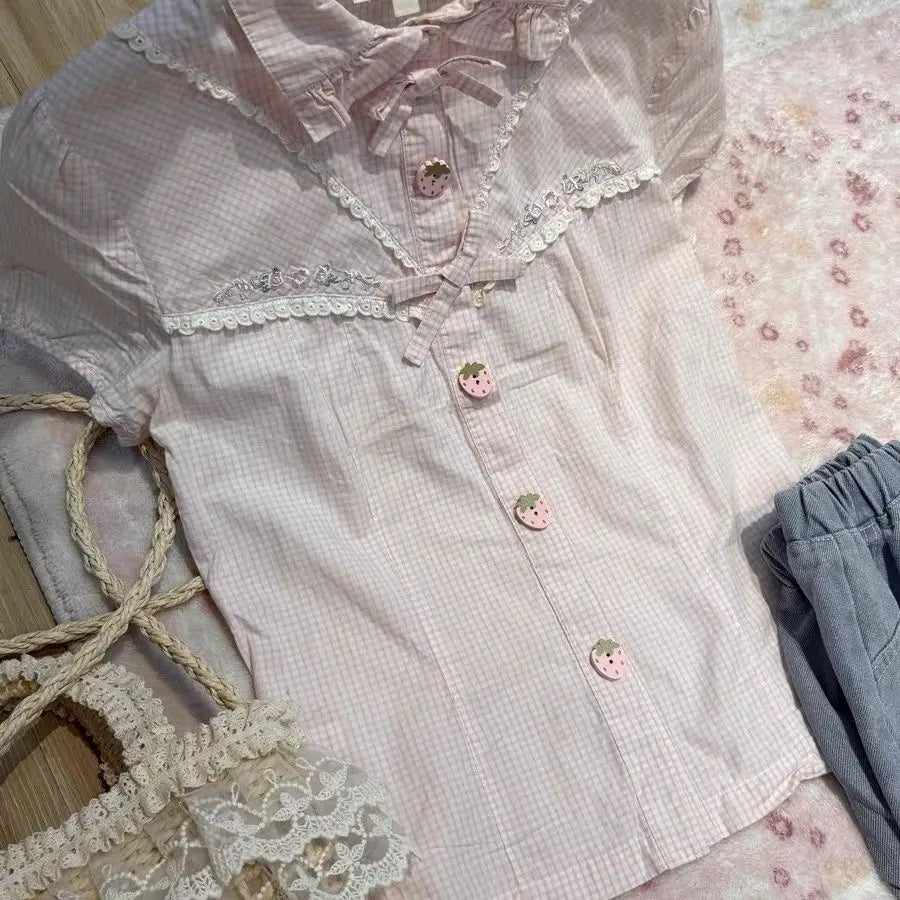Berry Gingham Puff Blouse