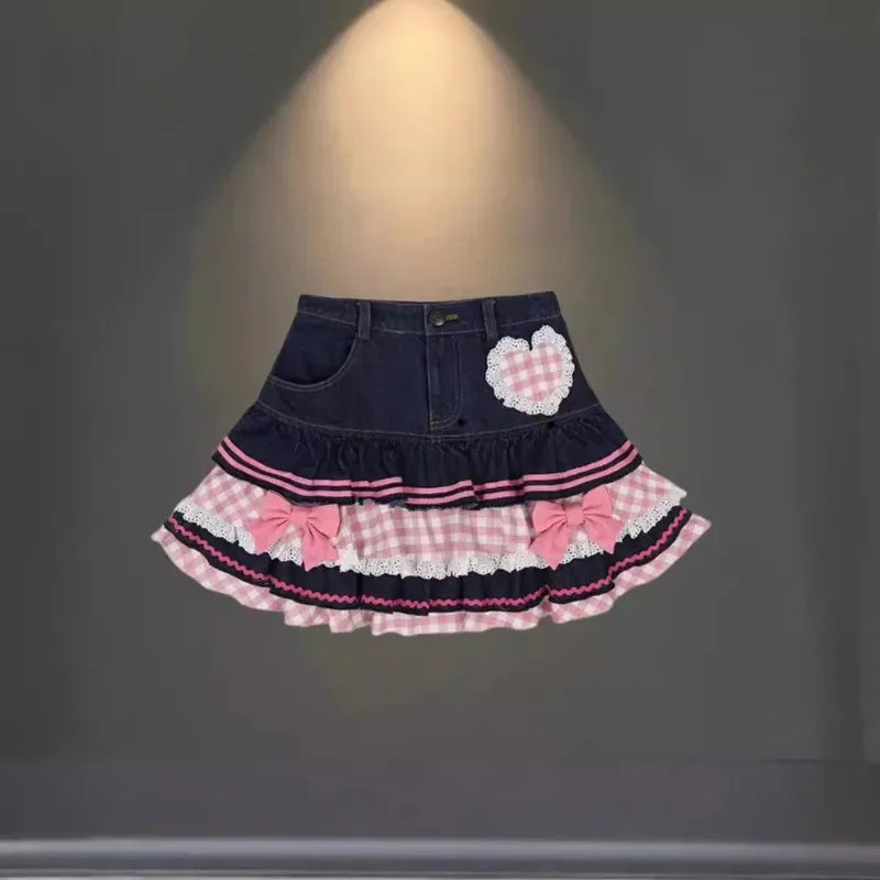 Pink Pleated Bow Denim Mini Skirt