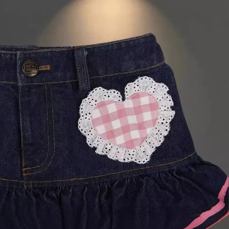 Pink Pleated Bow Denim Mini Skirt