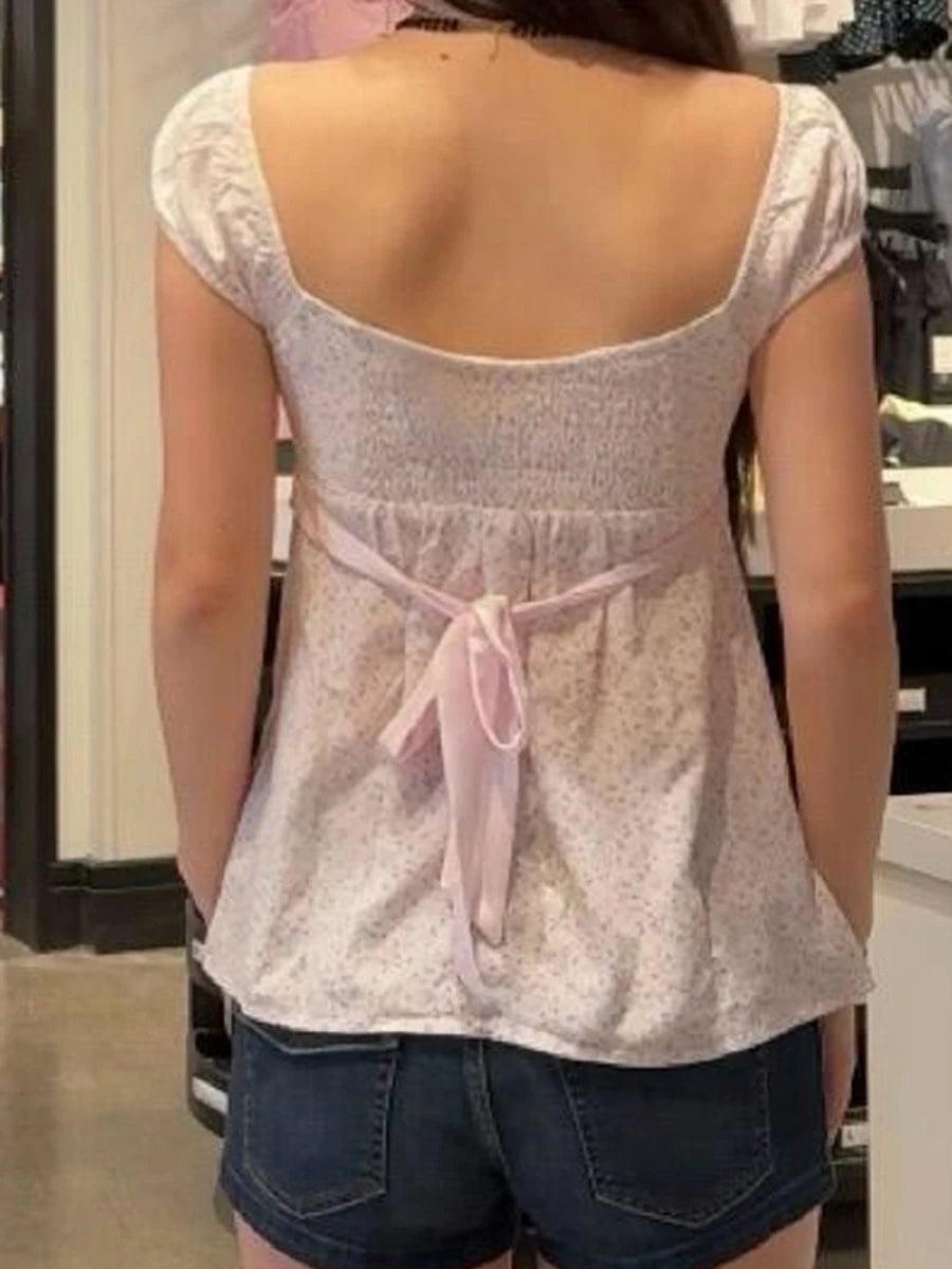 Floral Backless Cinched Blouse