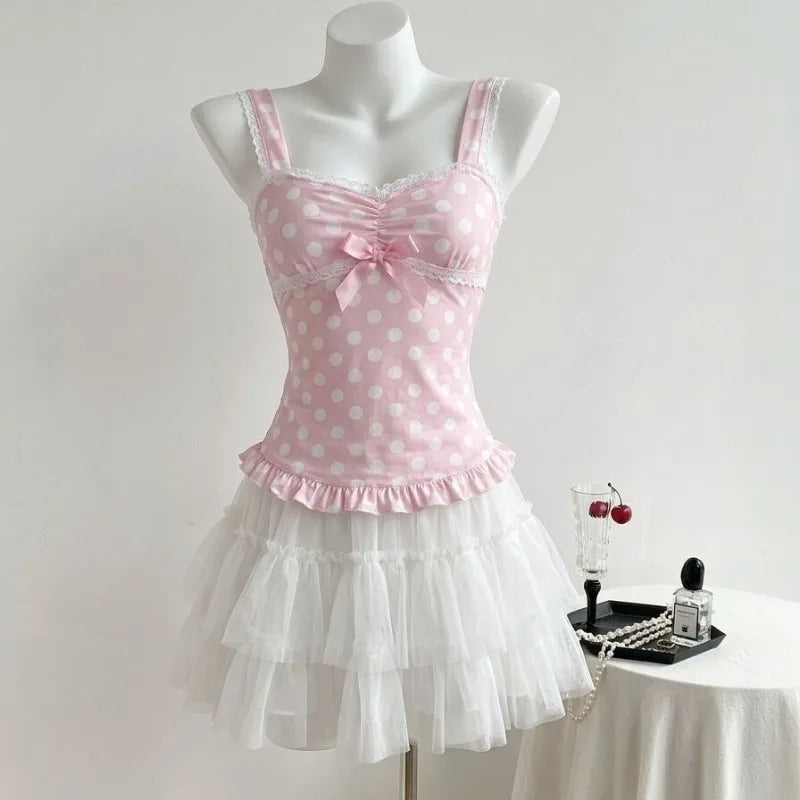 Vintage Polka Dot Lace Crop Tank Top