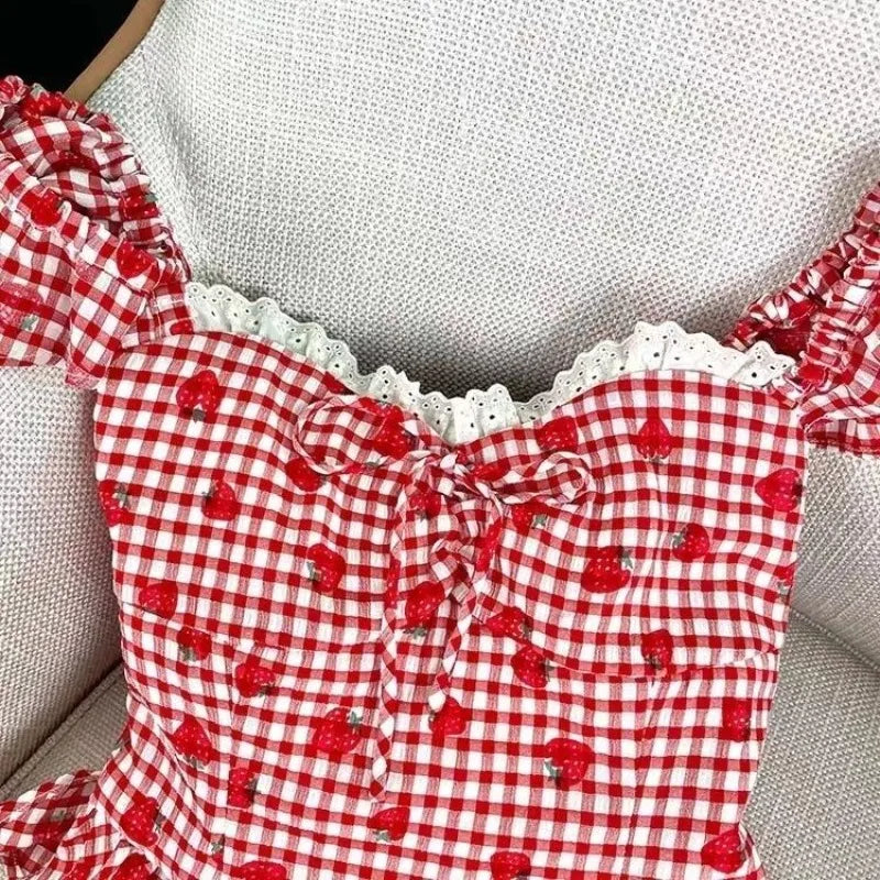 Strawberry Print Lace Bow Blouse
