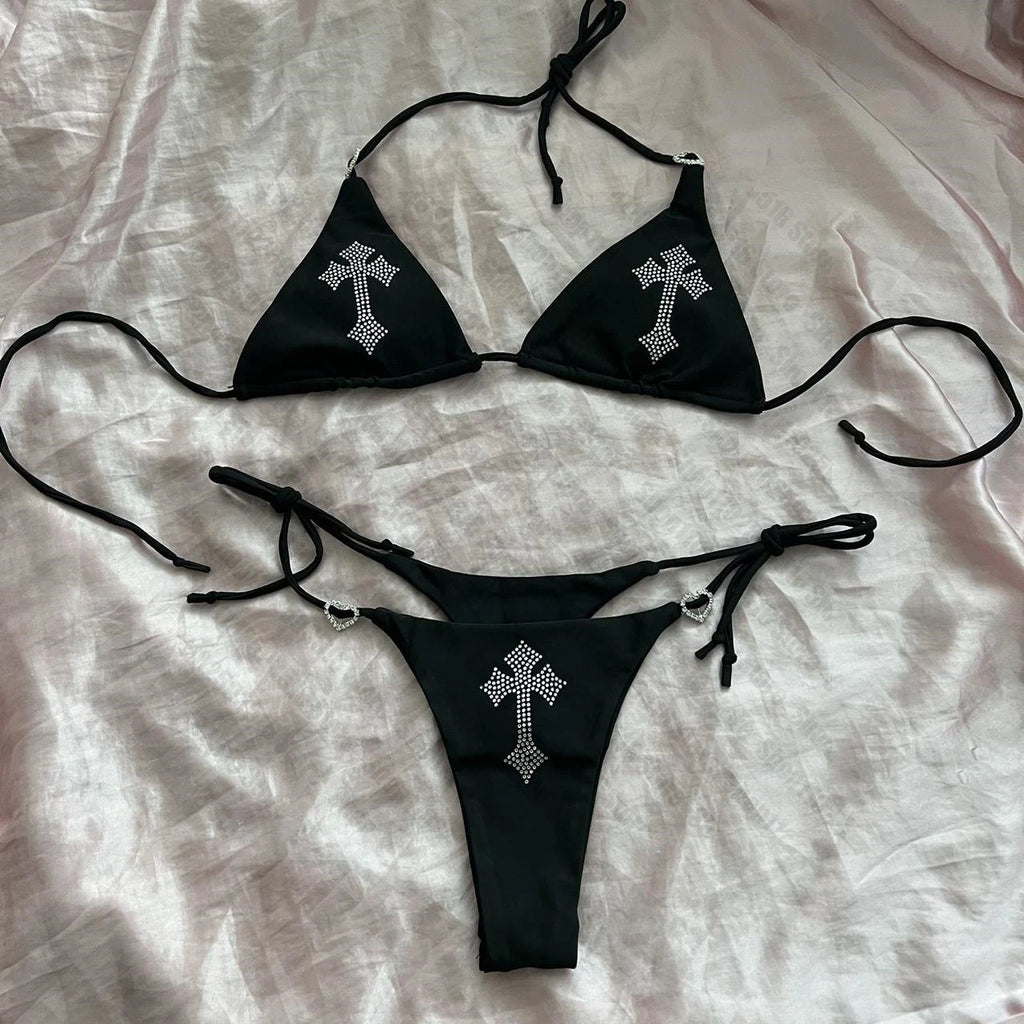 Y2K Rhinestone Cross Bikini Set
