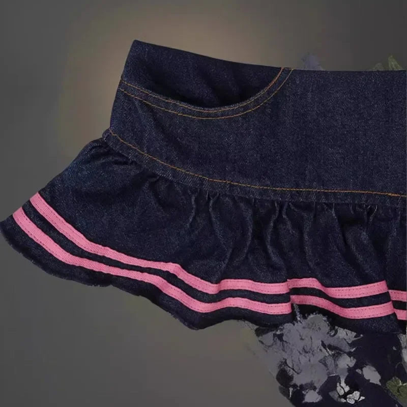 Pink Pleated Bow Denim Mini Skirt