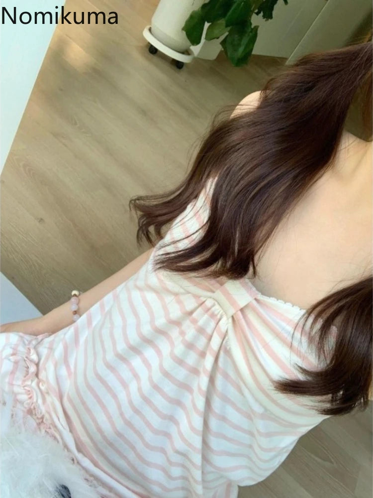 Vintage Striped Ruffle Sleeveless Tank Top