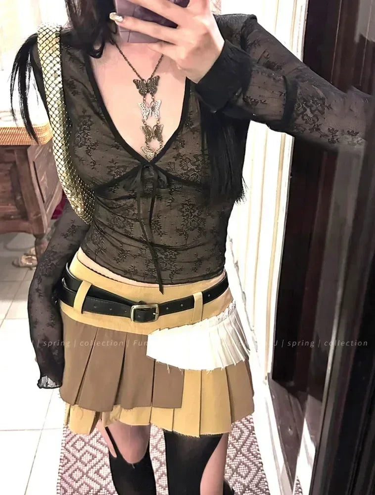 Lace Bow Mesh Long Sleeve Tee