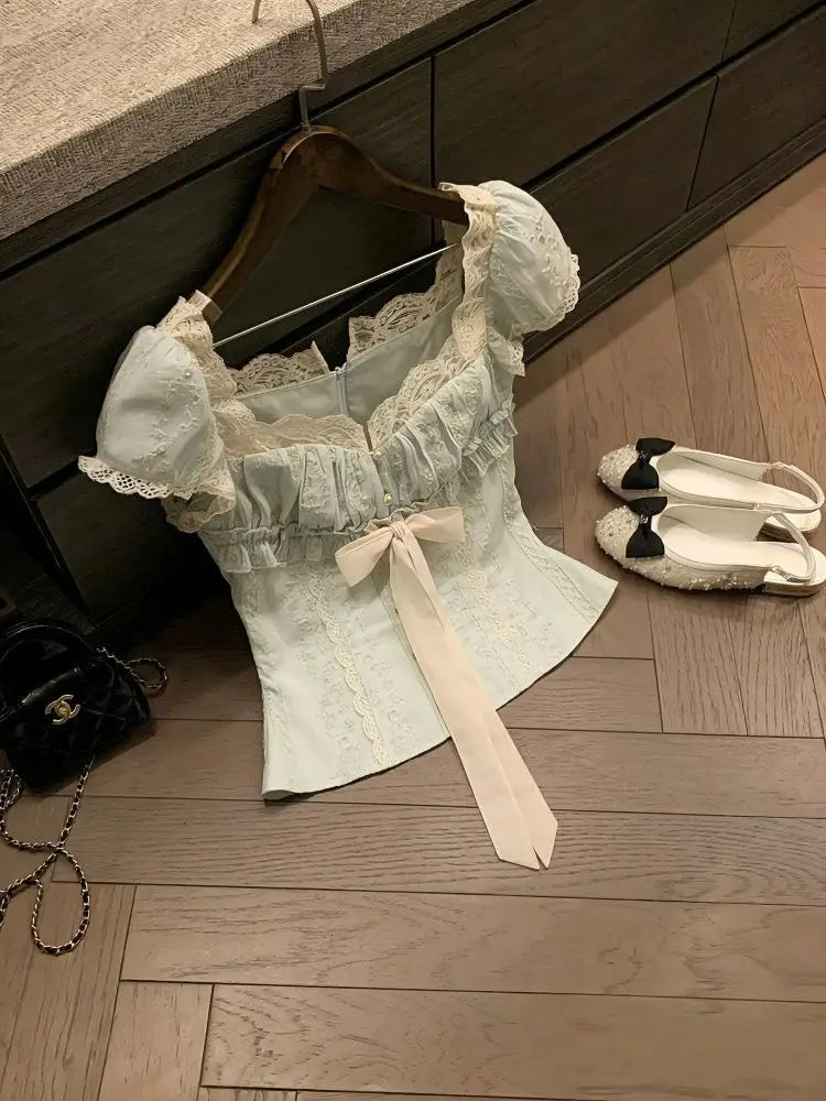 Floral Bow Puff Sleeve Top