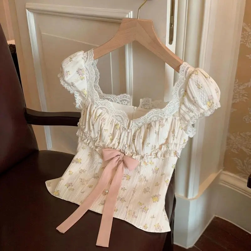 Floral Bow Puff Sleeve Top