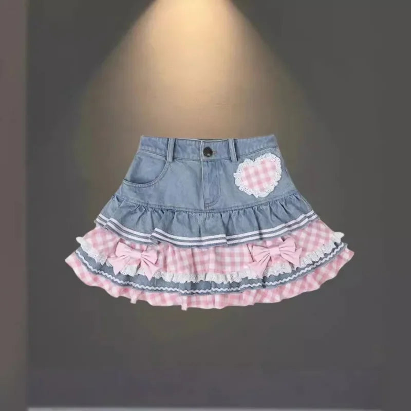 Pink Pleated Bow Denim Mini Skirt