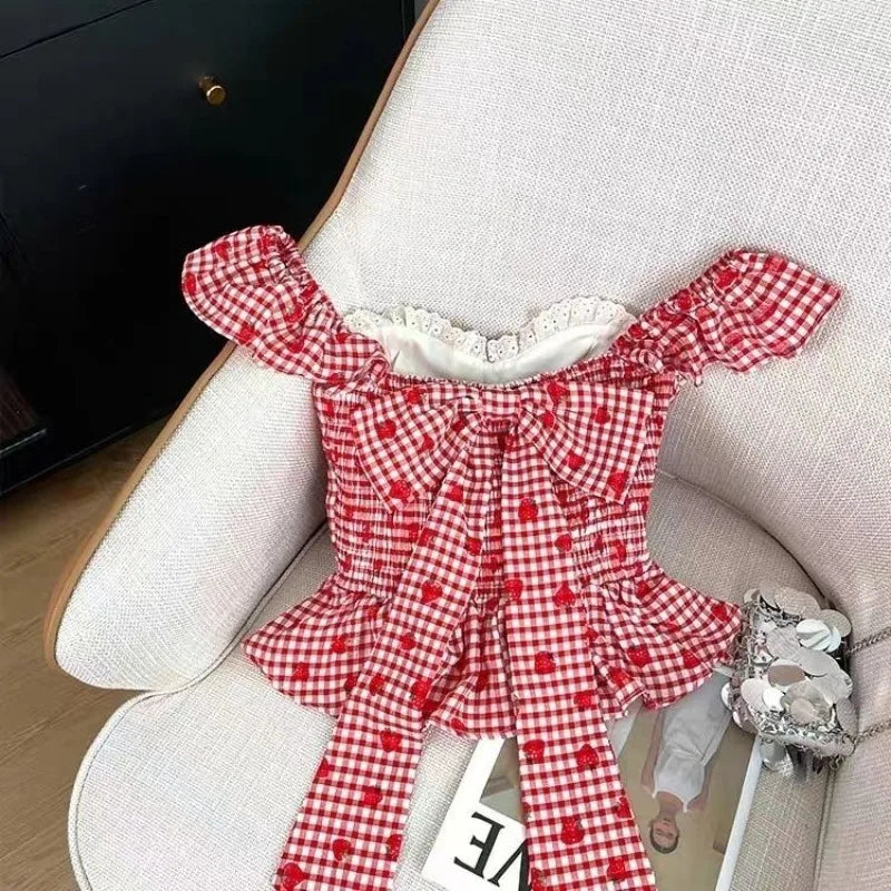 Strawberry Print Lace Bow Blouse