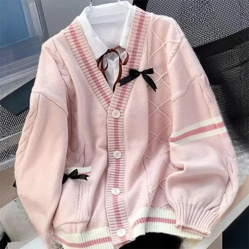 Sweet Bow V-Neck Knit Cardigan