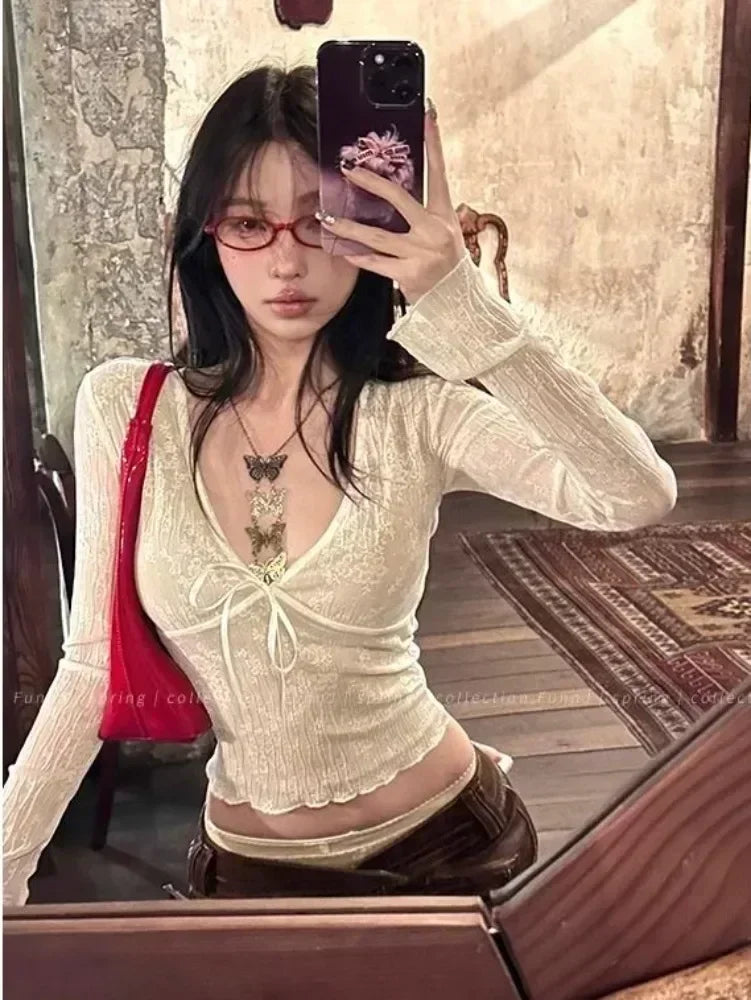 Lace Bow Mesh Long Sleeve Tee