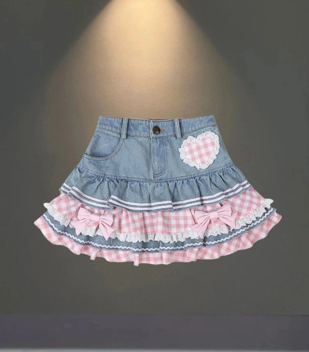Pink Pleated Bow Denim Mini Skirt