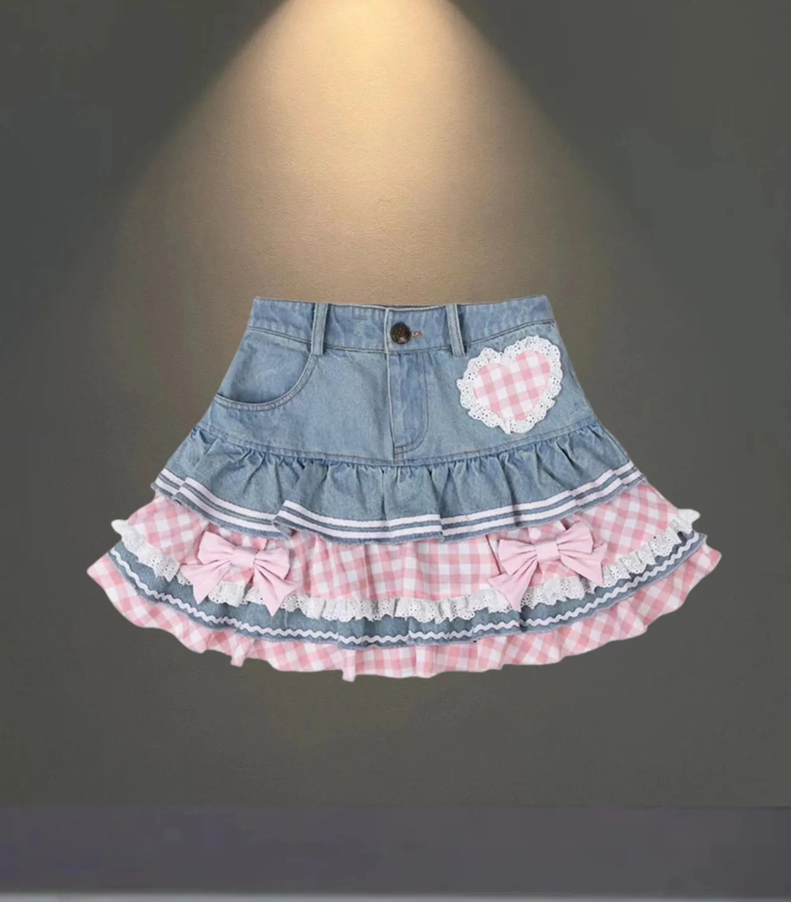 Pink Pleated Bow Denim Mini Skirt
