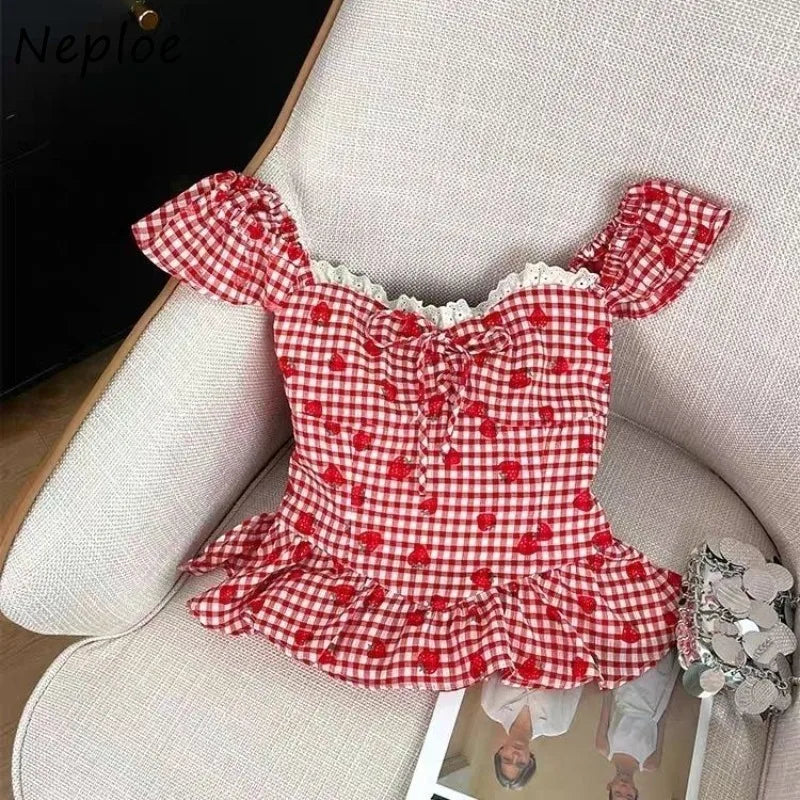 Strawberry Print Lace Bow Blouse