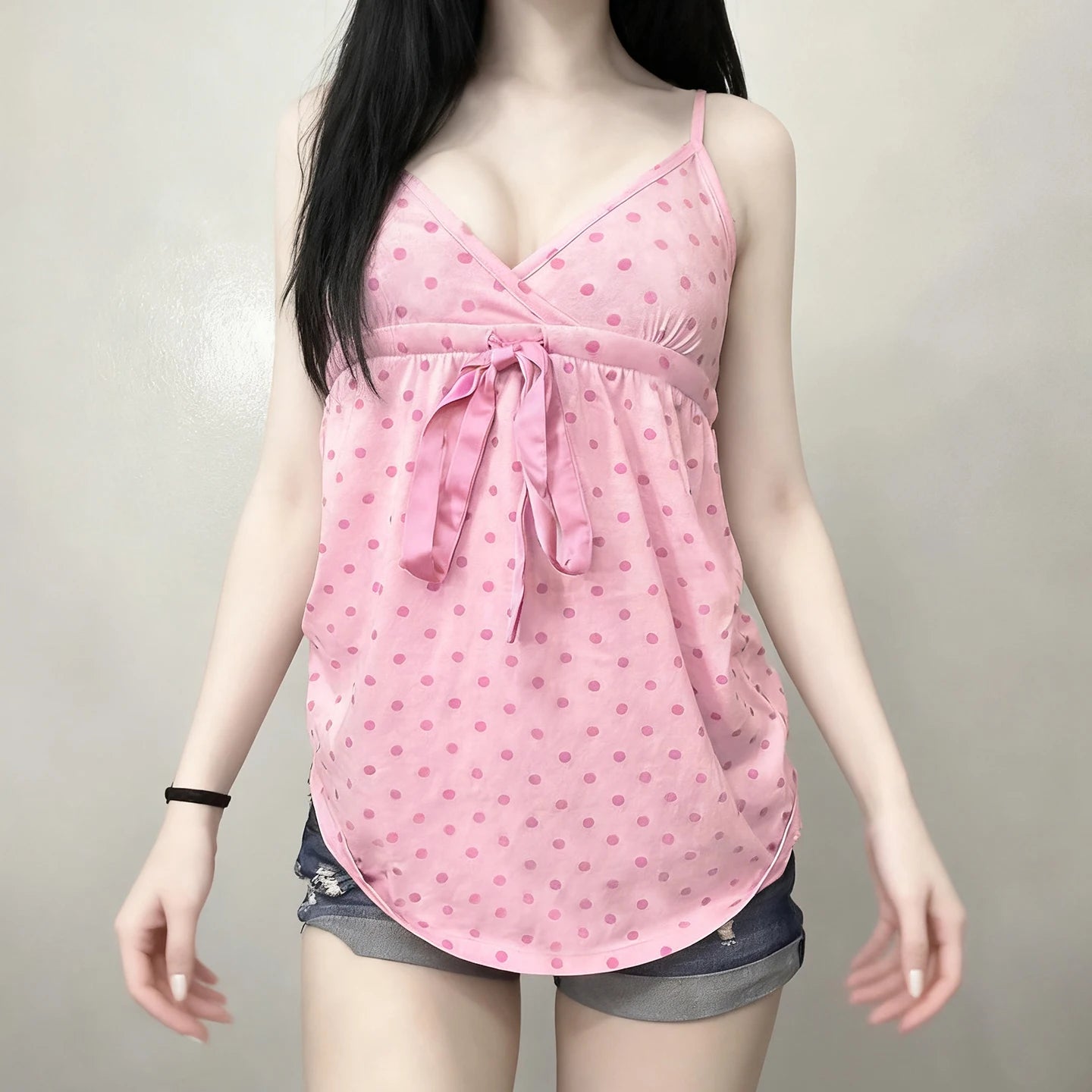 Polka Dot Bow Lace-Up Camisole Top