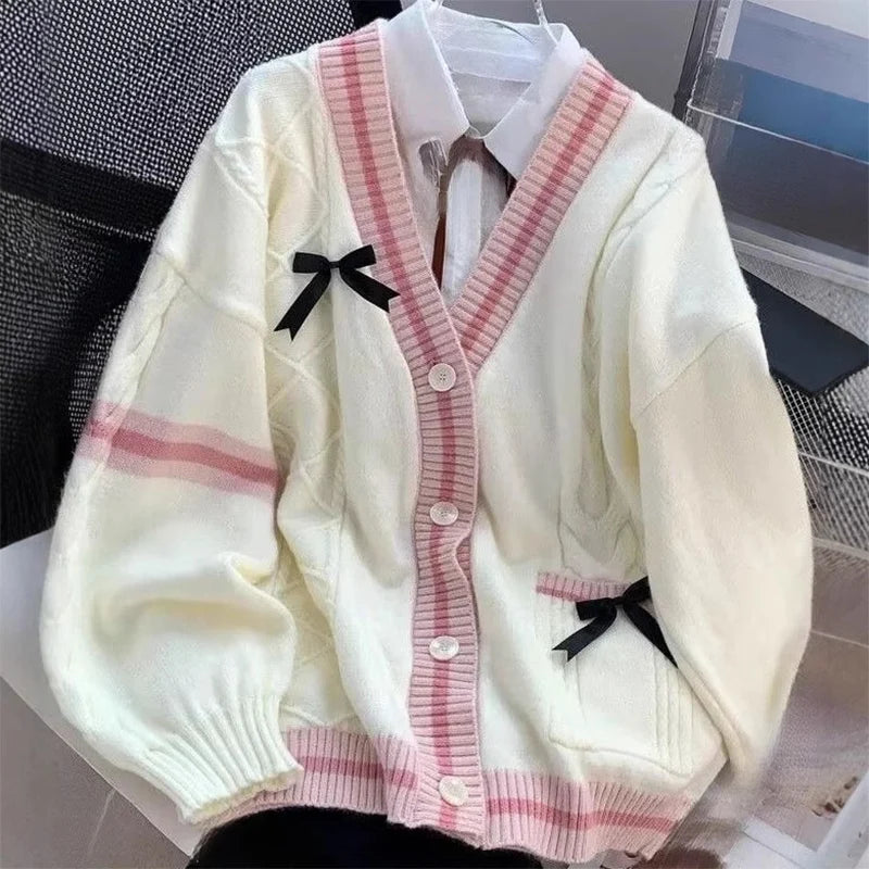 Sweet Bow V-Neck Knit Cardigan