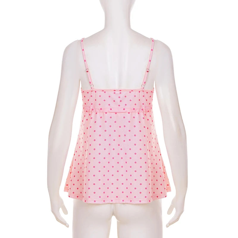 Polka Dot Bow Lace-Up Camisole Top
