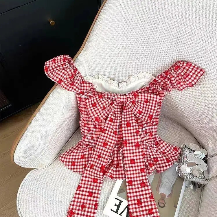 Strawberry Print Lace Bow Blouse