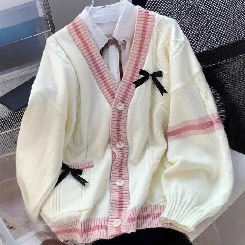 Sweet Bow V-Neck Knit Cardigan