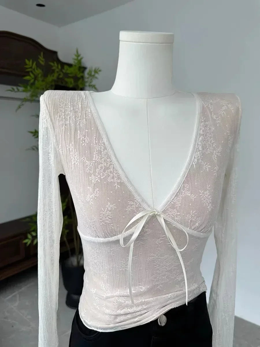 Lace Bow Mesh Long Sleeve Tee