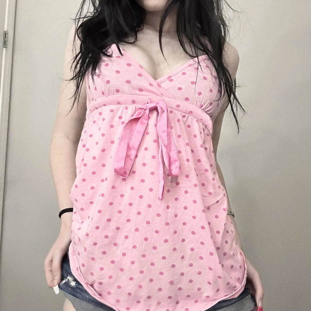 Polka Dot Bow Lace-Up Camisole Top