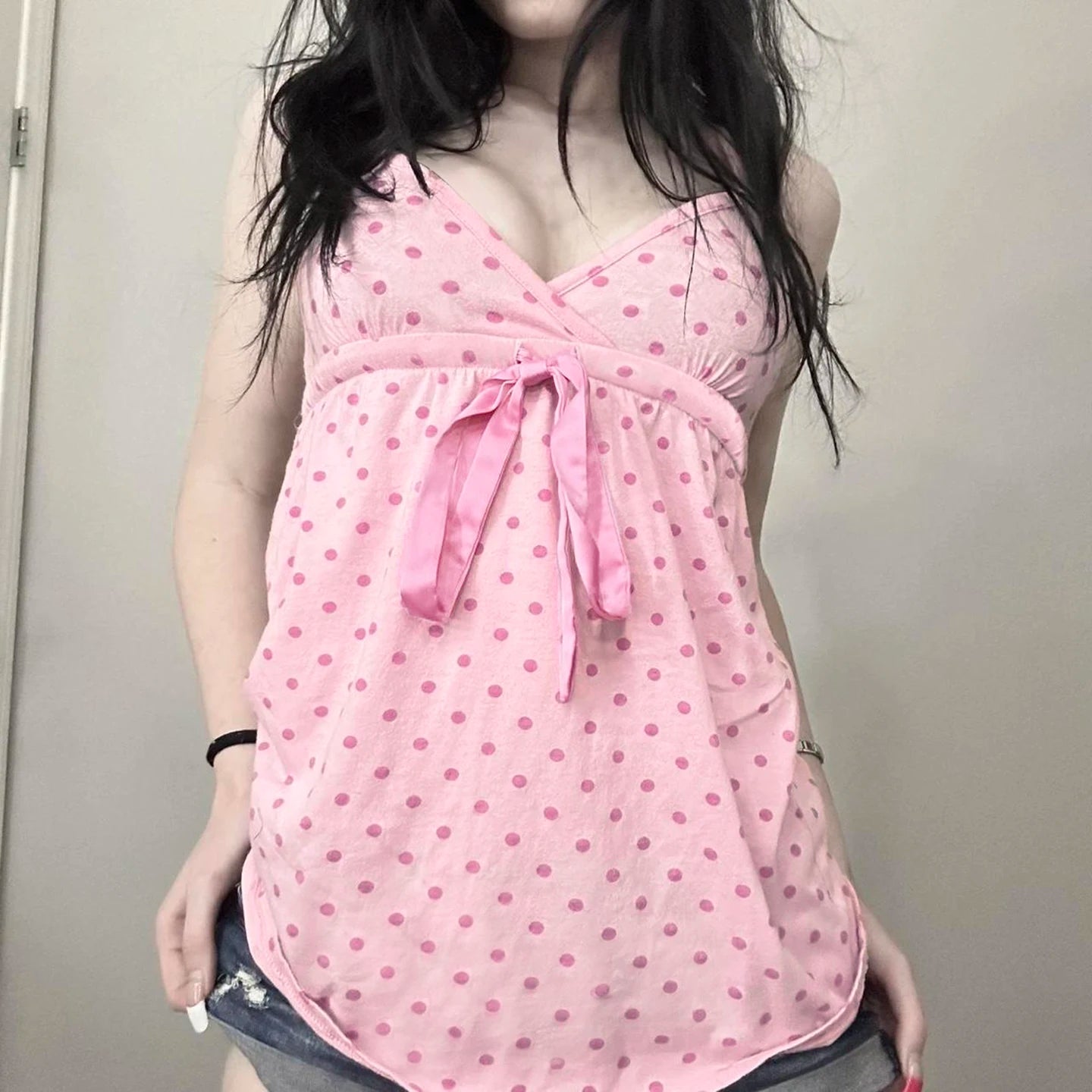 Polka Dot Bow Lace-Up Camisole Top