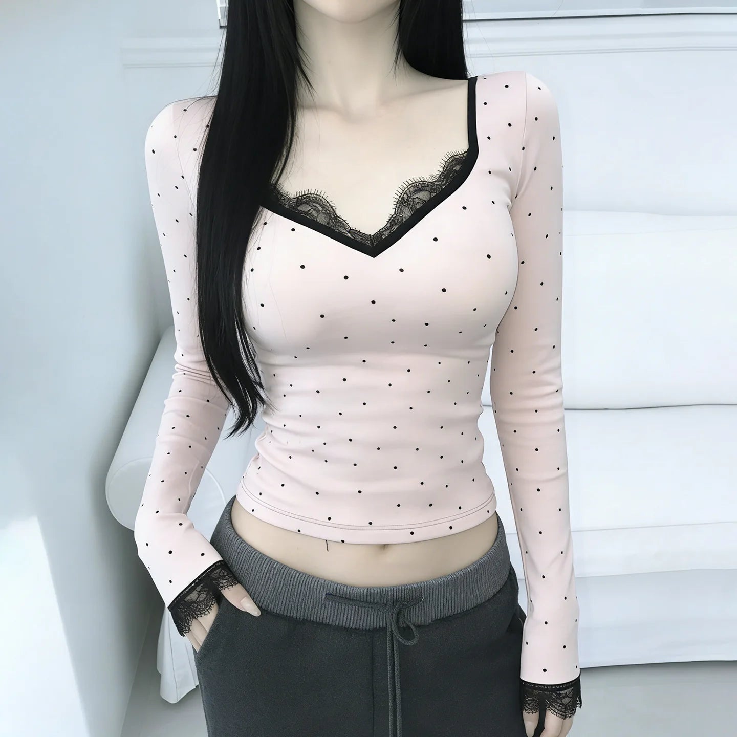 Sweet Polka Dot Lace V-Neck Top