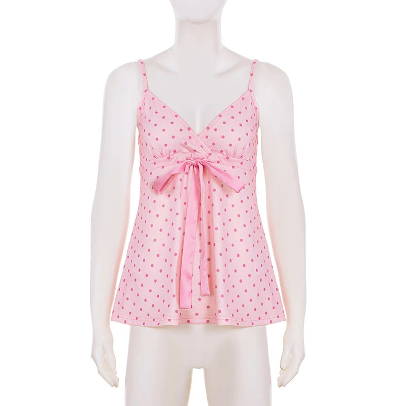 Polka Dot Bow Lace-Up Camisole Top