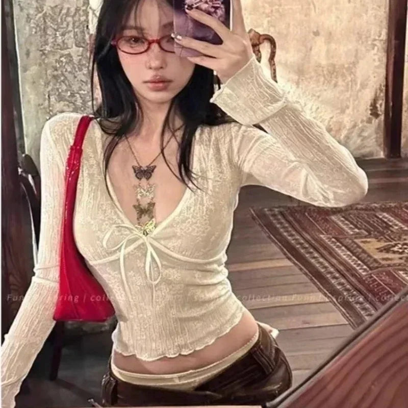 Lace Bow Mesh Long Sleeve Tee