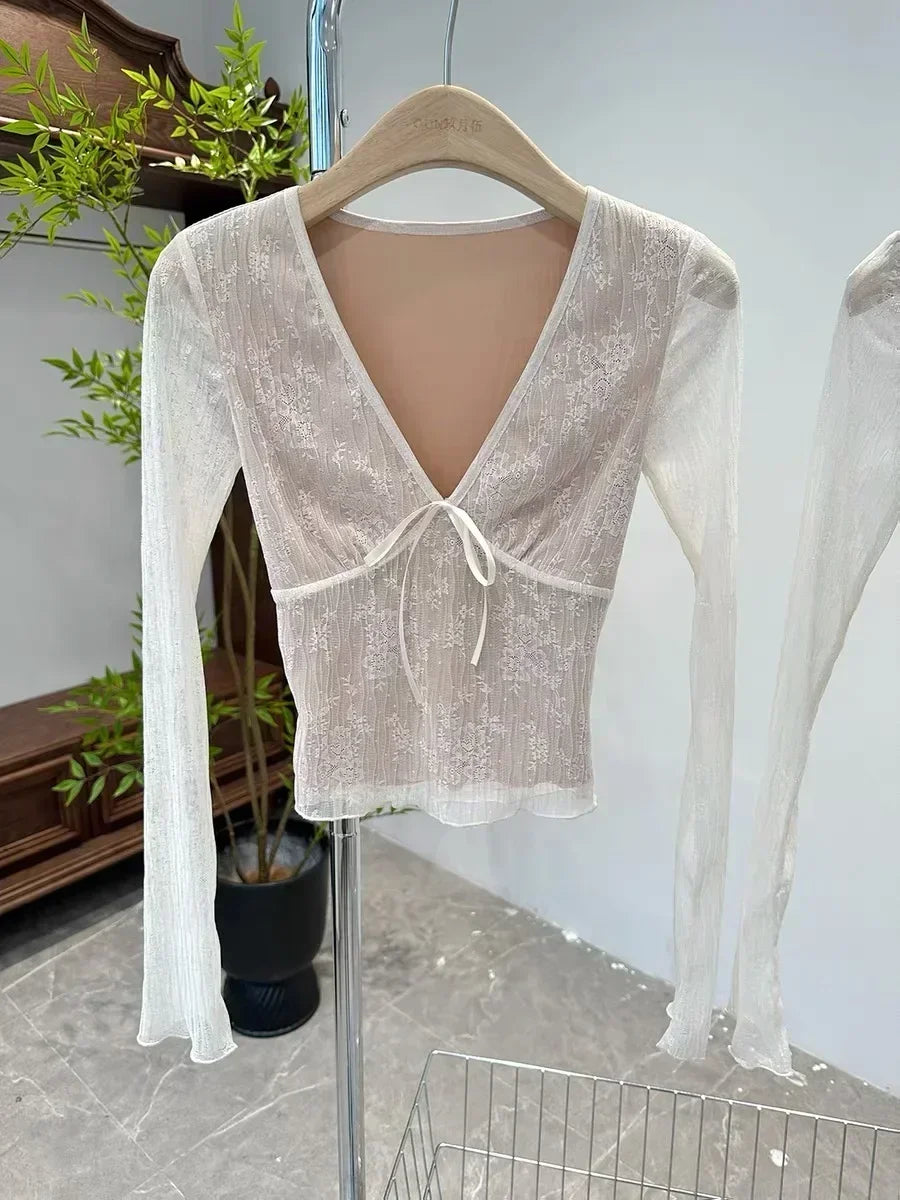 Lace Bow Mesh Long Sleeve Tee