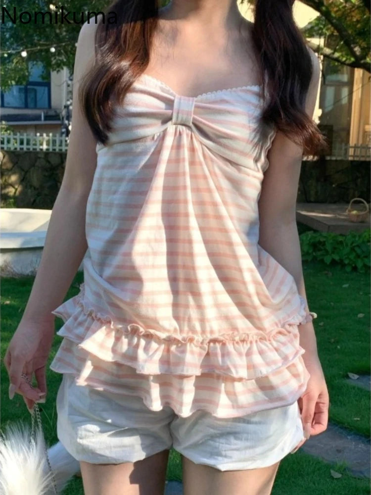 Vintage Striped Ruffle Sleeveless Tank Top