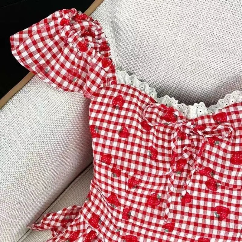 Strawberry Print Lace Bow Blouse
