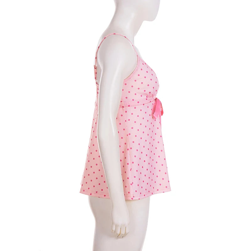 Polka Dot Bow Lace-Up Camisole Top