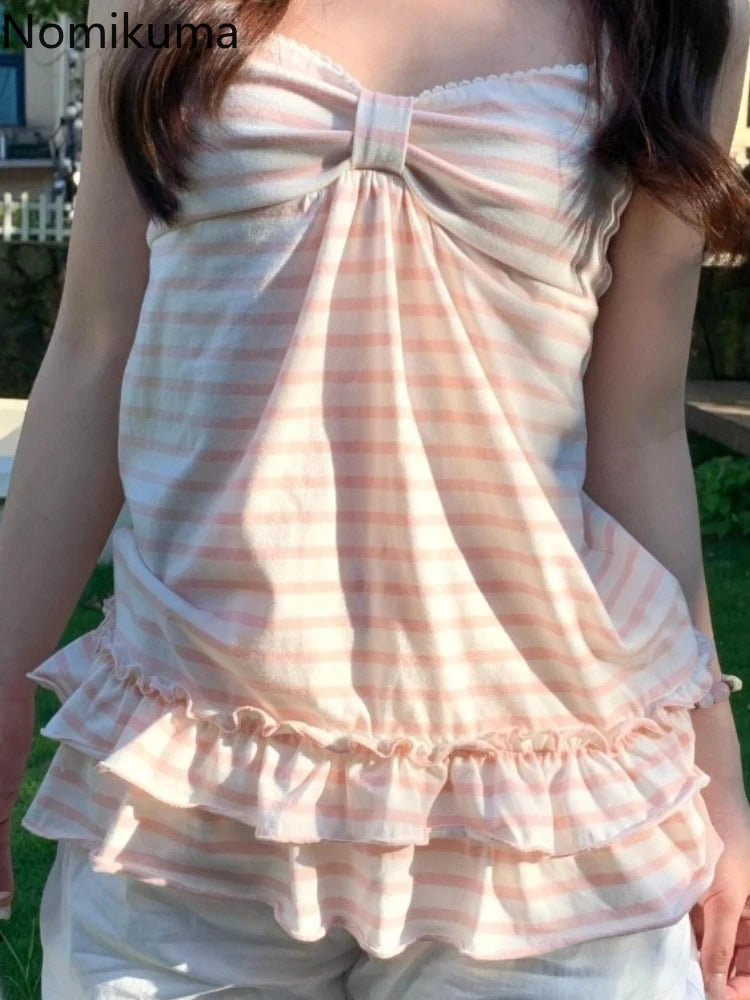 Vintage Striped Ruffle Sleeveless Tank Top