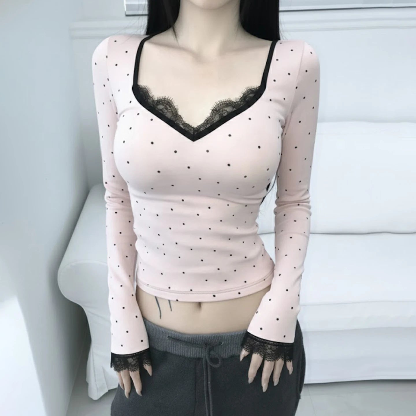 Sweet Polka Dot Lace V-Neck Top