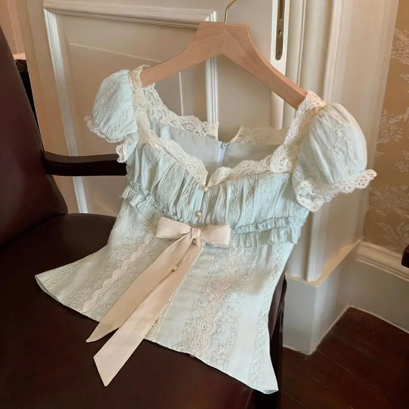 Floral Bow Puff Sleeve Top