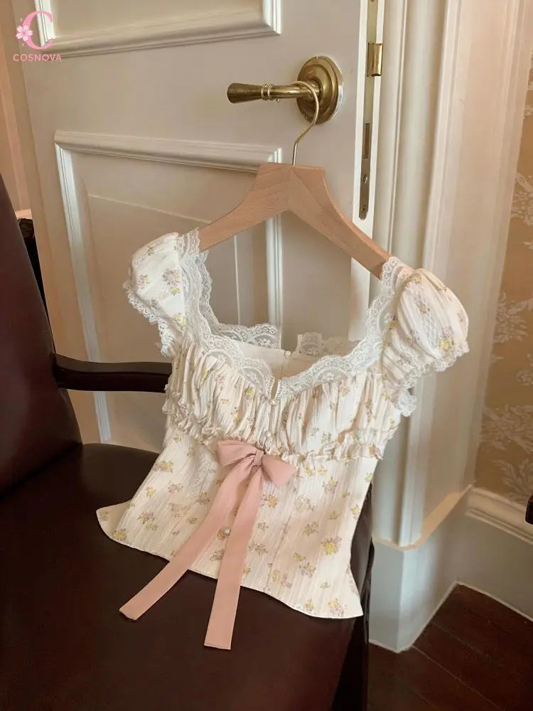 Floral Bow Puff Sleeve Top